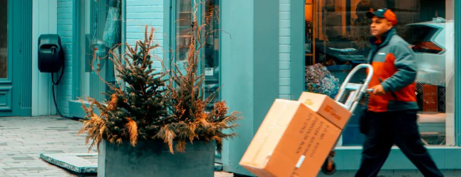 delivery man hauling boxes on a trolley